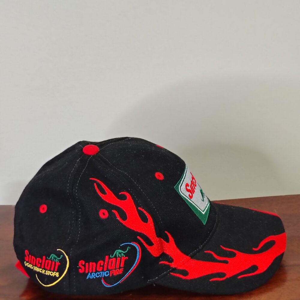 Sinclair Hat Cap Strap Back Black Red Dino Flame Racing Mens - Picture 8 of 12